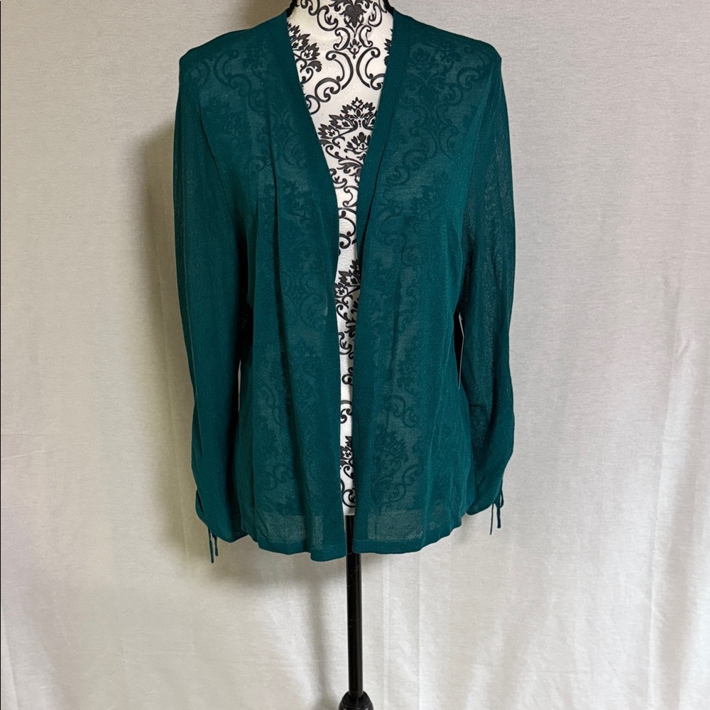 Chico's Ruched 3/4 Sleeves Rayon Cardigan Size 2 Large Tapestry Teal Color